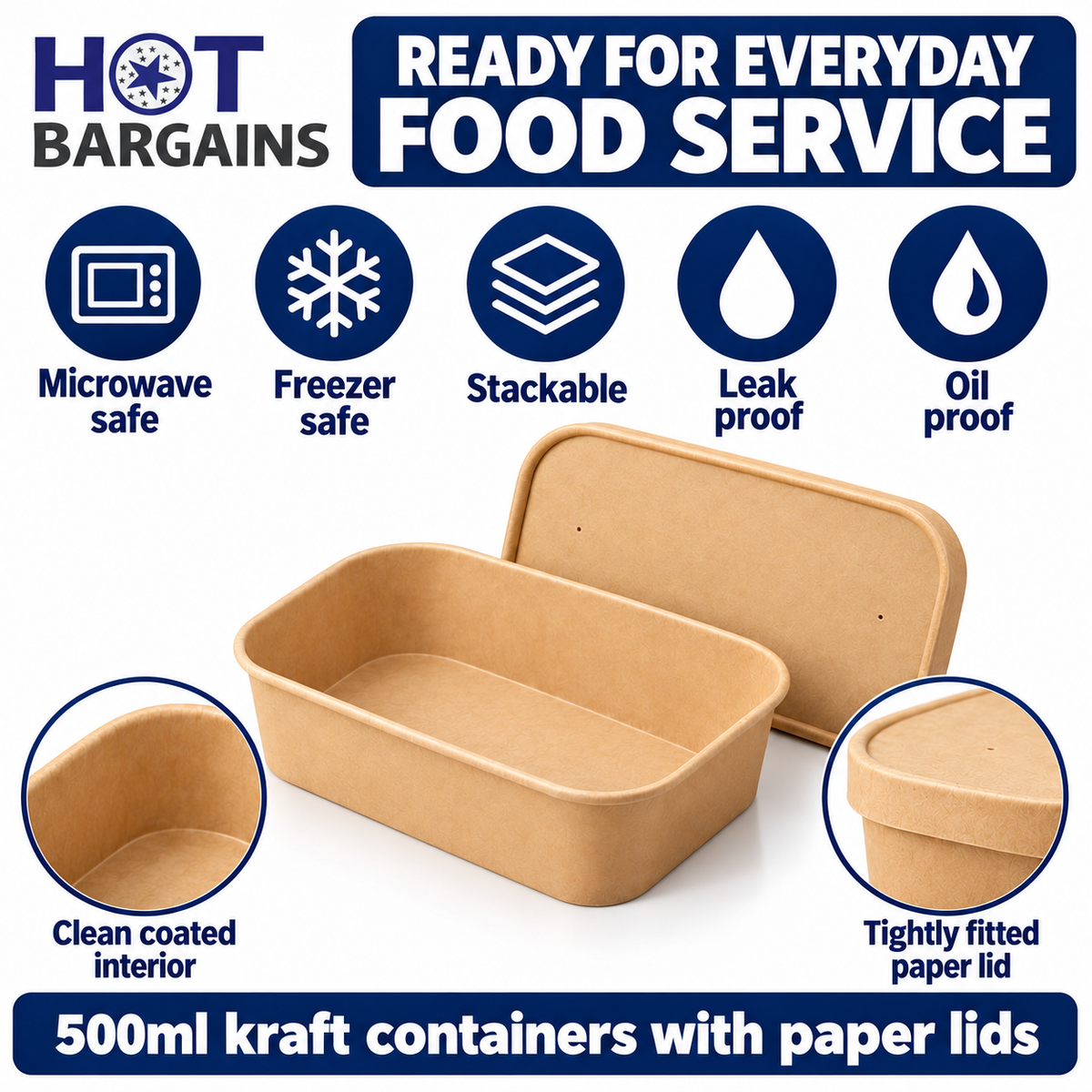 Hot Bargains — 150 x 500ml Kraft Rectangular Container + Paper Lids — photo 3