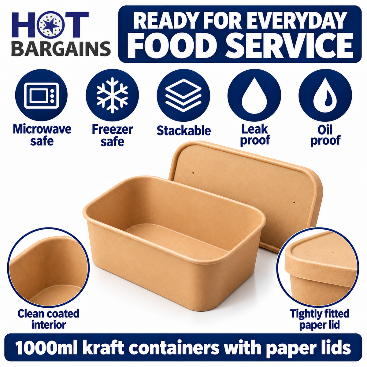 Hot Bargains — 150 x 1000ml Kraft Rectangular Container + Paper Lids — photo 3