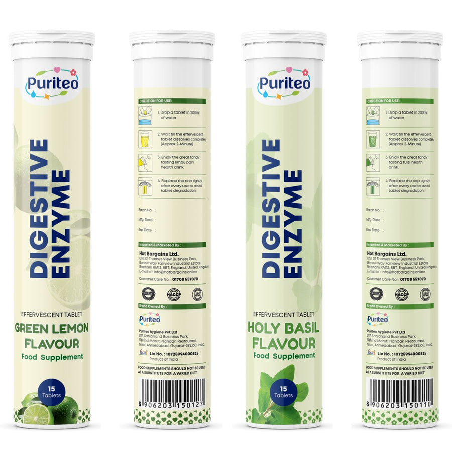 Digestive Enzyme Effervescent – Holy Basil & Green Lemon | 30 Tabs | Digestion & Gut Health Support