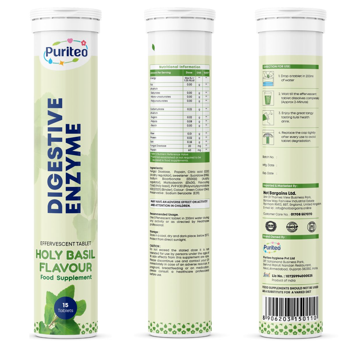 Digestive Enzyme Effervescent – Holy Basil & Green Lemon | 30 Tabs | Digestion & Gut Health Support