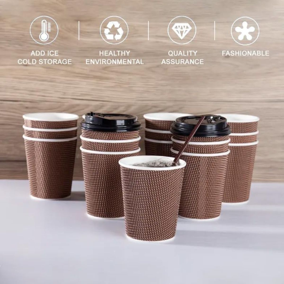 Pack of 500 Disposable Chex Design Kraft Coffee Cups Size 8oz, 12oz & 16oz.