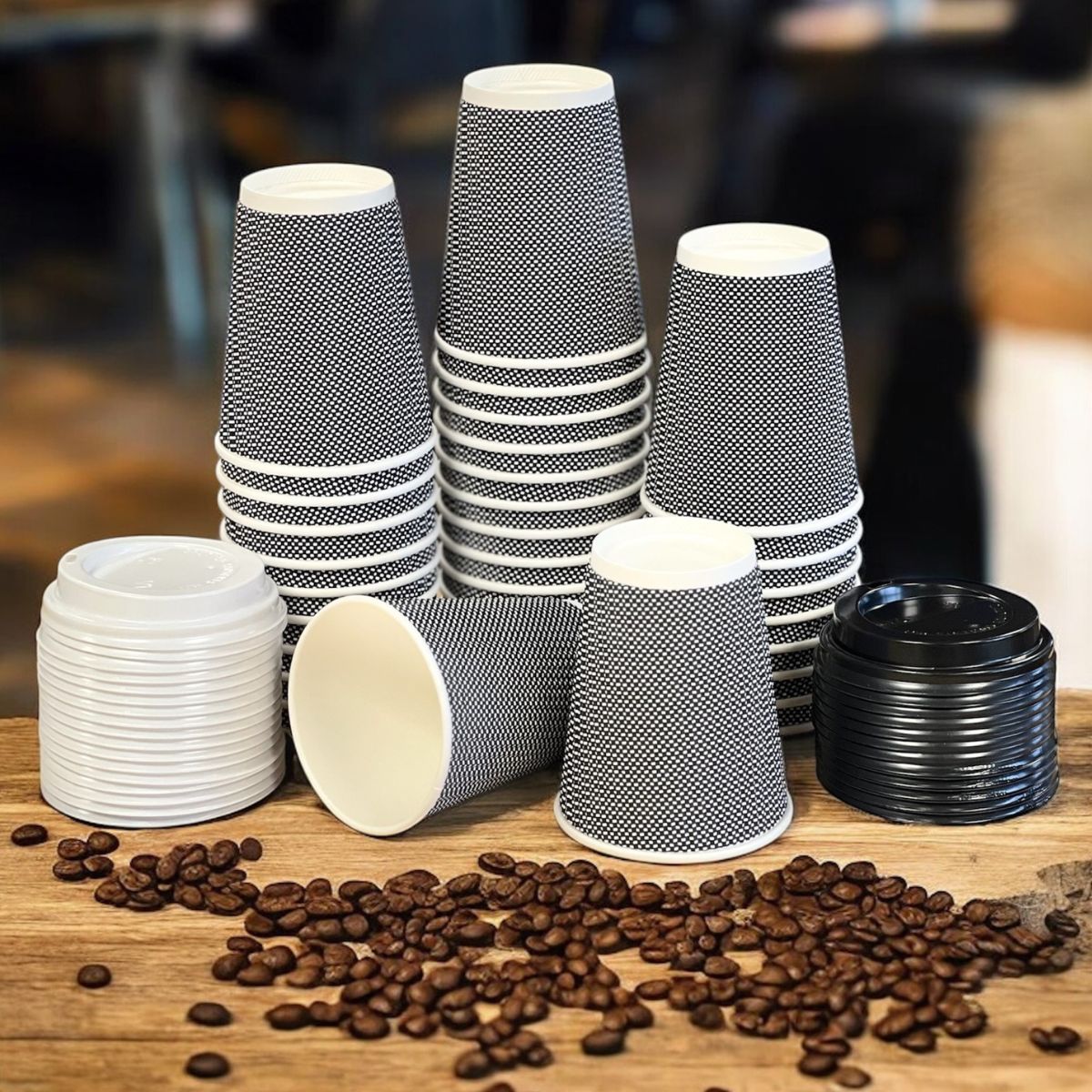 Pack of 500 Disposable Chex Design Kraft Coffee Cups Size 8oz, 12oz & 16oz.