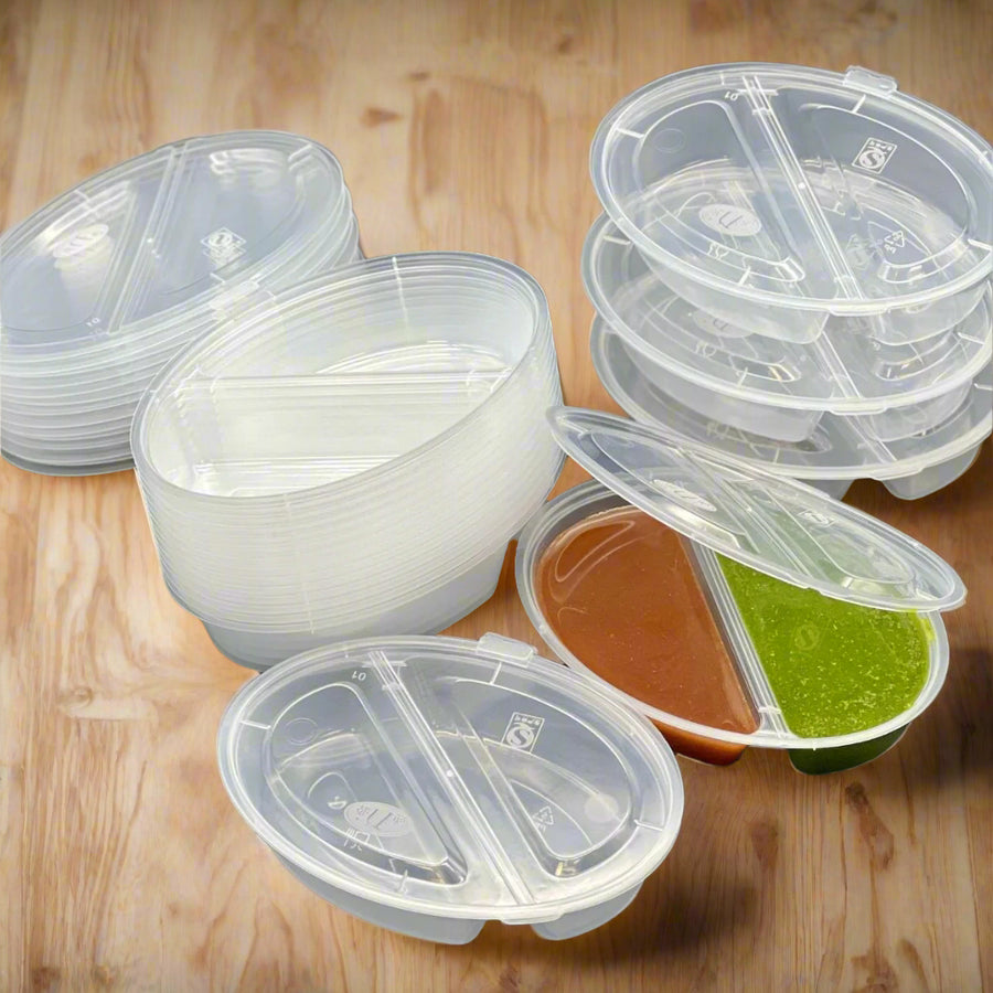 Pack of 1000 - 2 Compartment Round Sauce Containers with Hinged Lids 90ml (3oz).