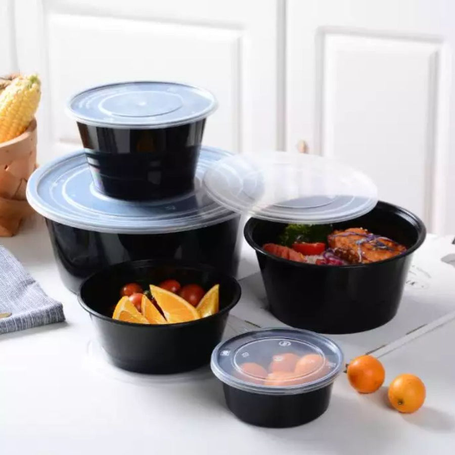 Pack of 250 Heavy Duty Black Round Containers with Lids Sizes: 100/ 250/ 300/ 400/ 500/ 750/ 1000 & 1250ml