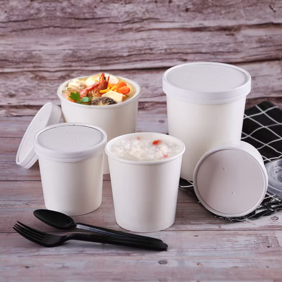 Pack of 250 White Paper Soup Containers with Lids Size 8oz/ 12oz/ 16oz/ 26oz and 32oz.