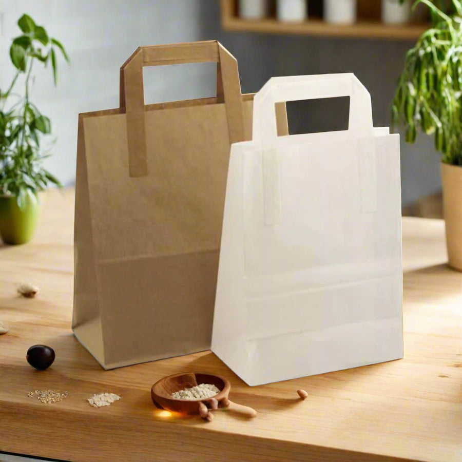 Pack of 250 Kraft Paper Bags with Flat Handles  Brown & White Colors Sizes : Small, Medium, Large, XL