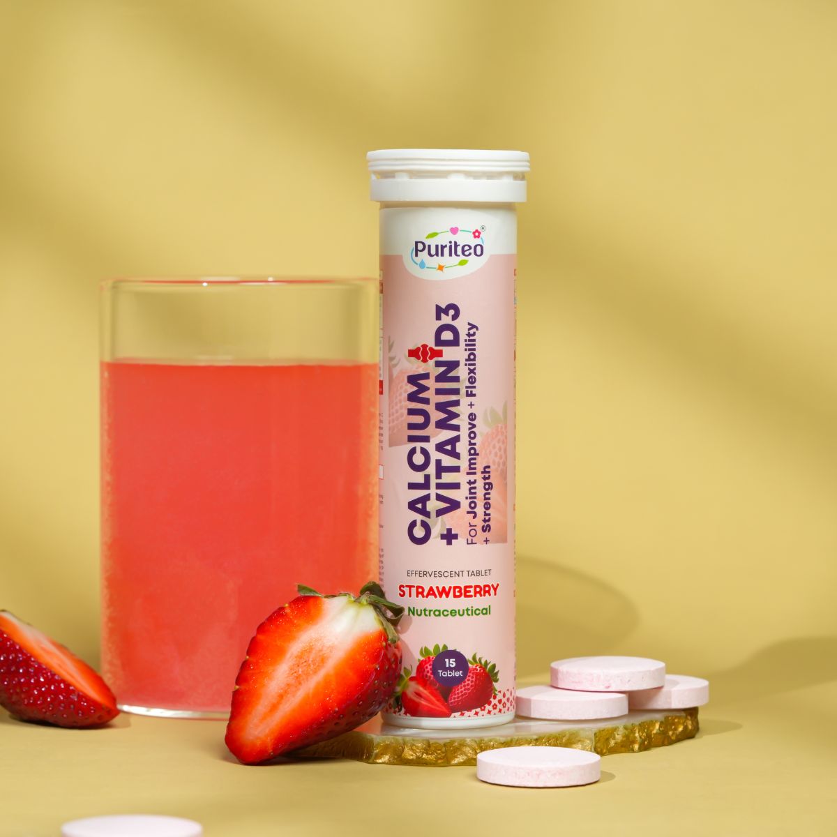 Calcium & Vitamin D3 Effervescent – Strawberry & Mango | 30 Tabs | Joint Support & Bone Strength