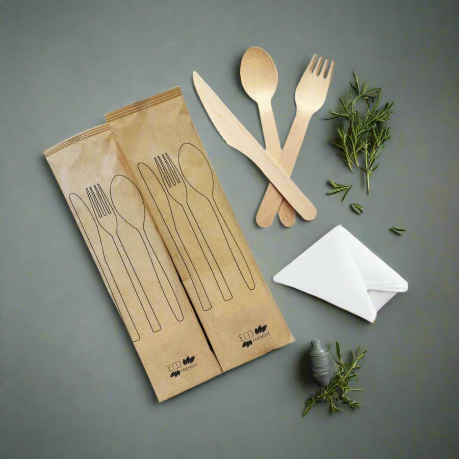 Pack of 500 Wooden Cutlery Sets – Fork, Spoon, Knife & 2-Ply Napkin