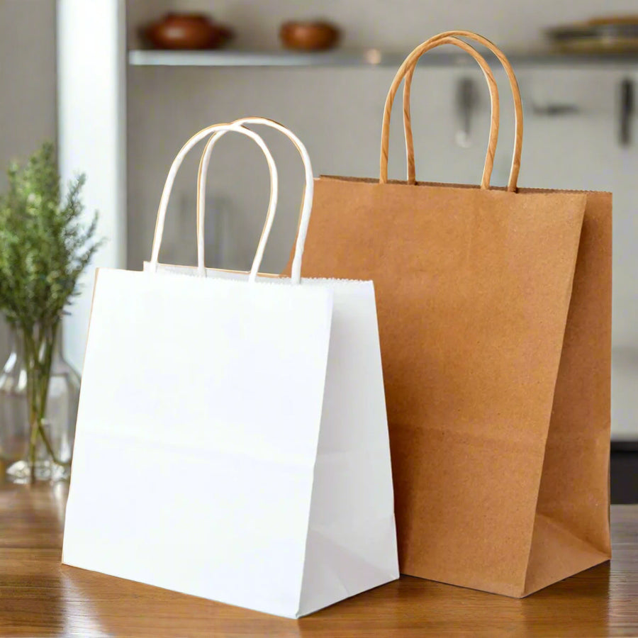 Pack of 250 Kraft Paper Bags with Twisted Handles – Brown & White – Small, Medium, Large, XL
