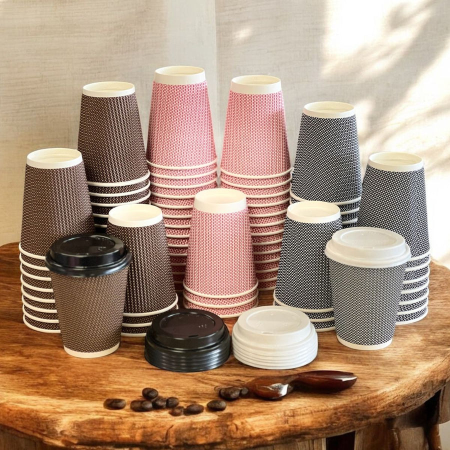 Pack of 500 Disposable Chex Design Kraft Coffee Cups Size 8oz, 12oz & 16oz.