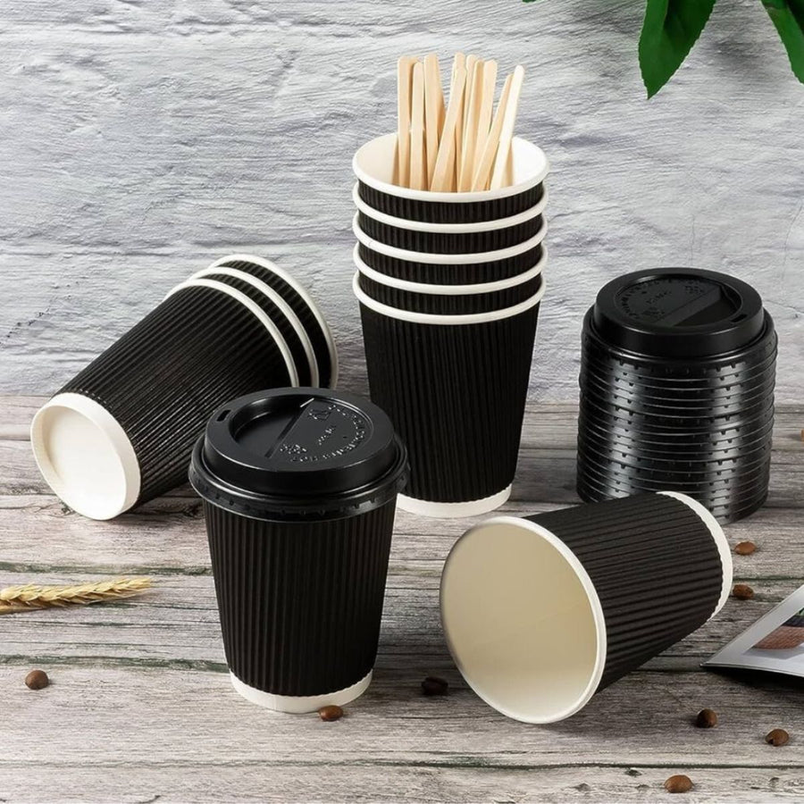 Pack of 500 Triple Wall Black Kraft Coffee Cups Size 8oz, 12oz & 16oz.