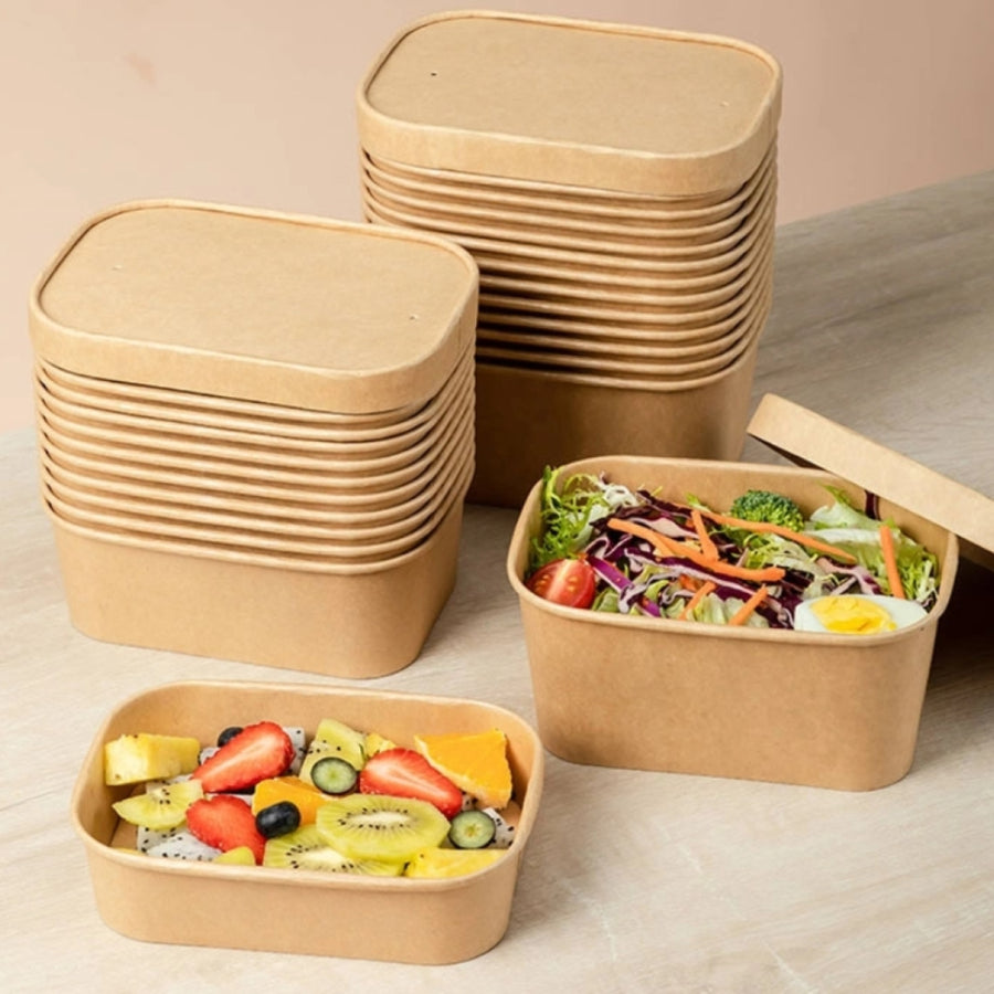 Pack of 300 Kraft Paper Food Containers with Paper Lids - Size 500/ 650/ 750 & 1000ML