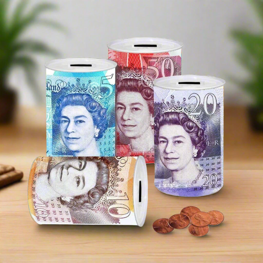 Sterling Money Tin – 16cm x 12cm Piggy Bank – Cash & Coin Savings Tin with Assorted Colours – Secure Metal Money Box