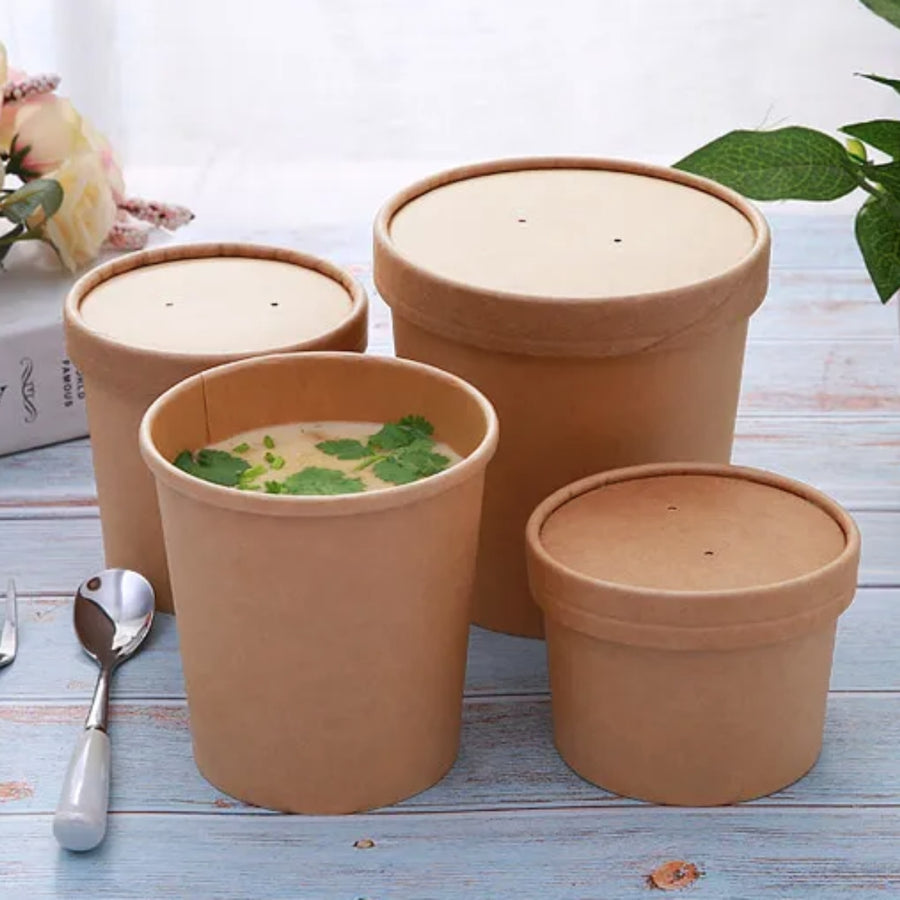 Pack of 250 Brown Kraft Soup Containers with Lids Size 8oz/ 12oz/ 16oz/ 26oz and 32oz.
