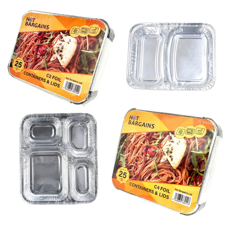 Pack of 600 - 2 & 4 Compartment Aluminum Foil Take-Out Trays with Lids