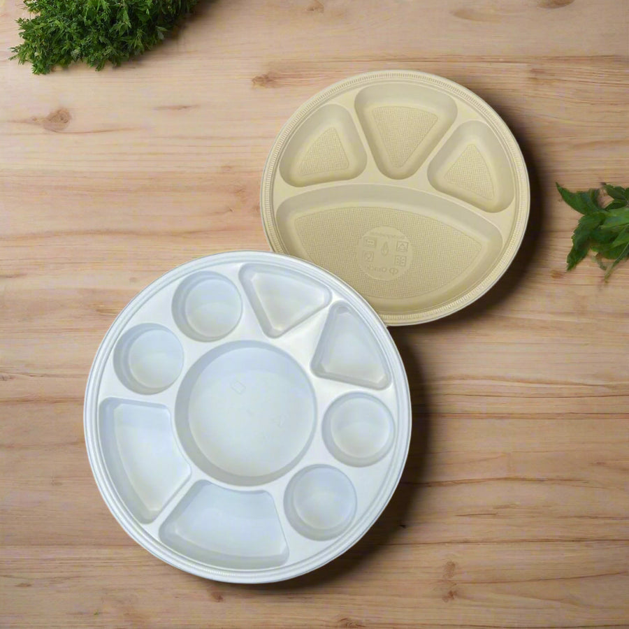 Pack of 200 Corn-Starch Disposable Round Food Plates Biodegradable BPA-Free Microwave Safe, 4/9 Compartments