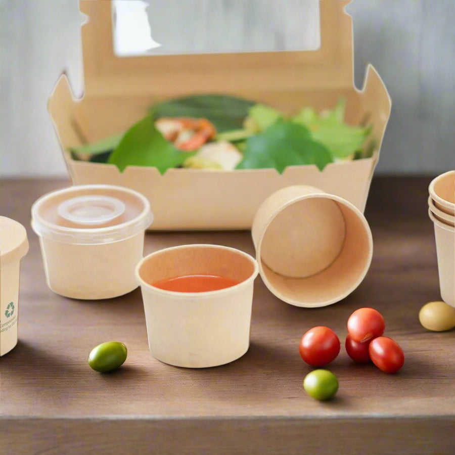 Pack of 1000 Kraft Paper Sauce Containers with Lids Size: 2oz/4oz.