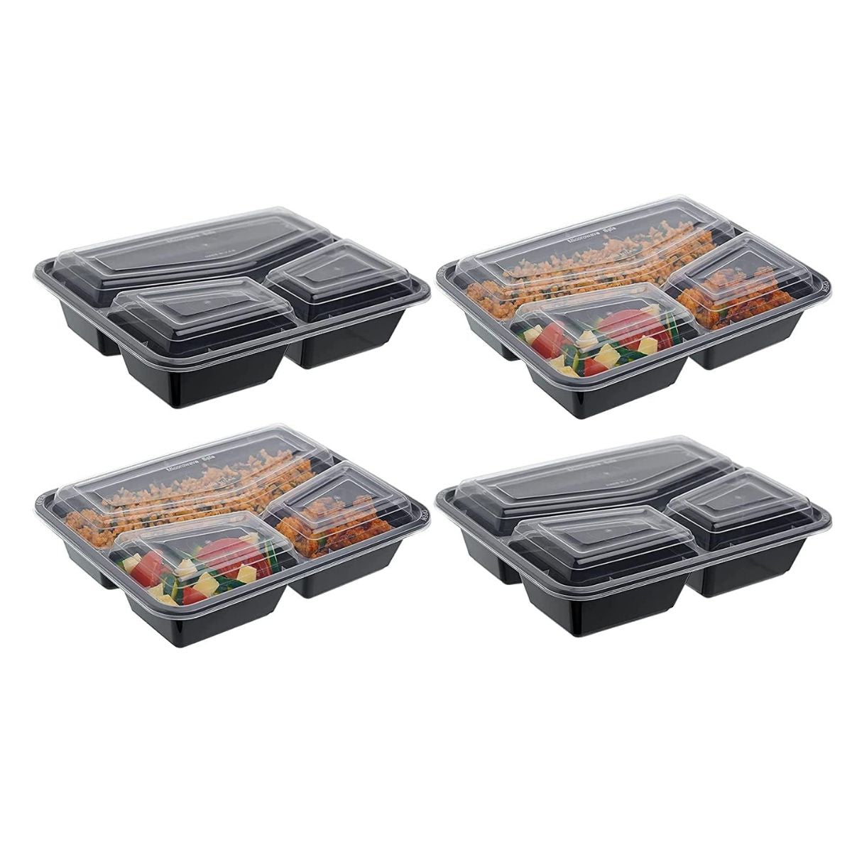 Pack of 150 Black 3-Compartment Square Food Containers with Clear Lids.