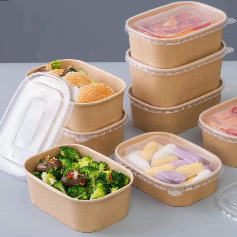 Pack of 300 Kraft Paper Food Containers with Plastic Lids (Sizes 500/ 650/ 750 & 1000ML)