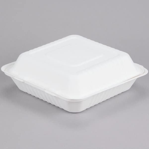 200 Pack Bagasse Meal Box, 9 x 9 inch, Single Compartments (1-CP), Biodegradable Clamshell Containers