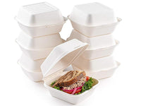 Bagasse Burger Box, 6 inch Square (152 x 152 x 78mm), Pack of 250pcs Biodegradable Takeaway Containers