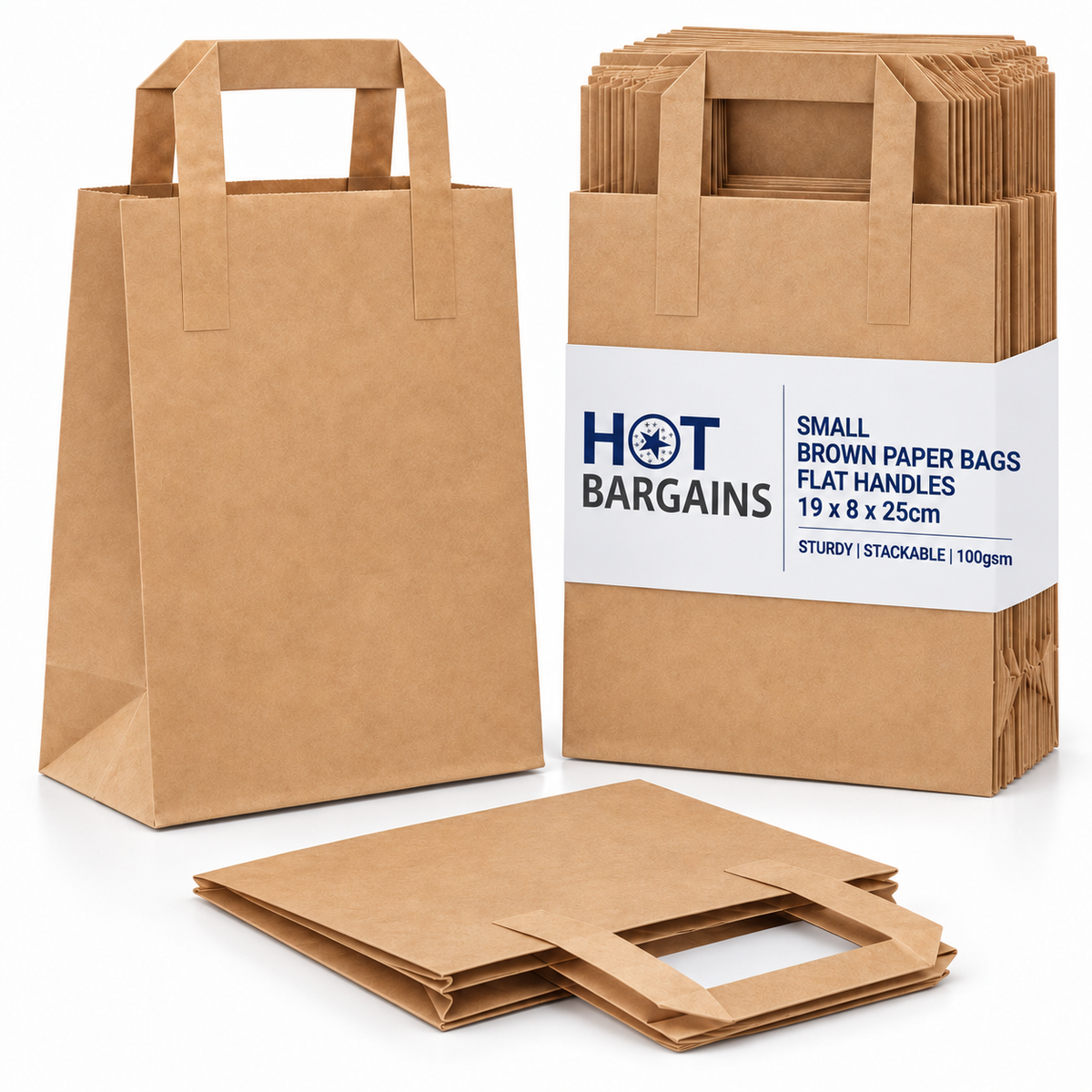 Hot Bargains — 250 X Brown Flat Handle Paper Bag - Small