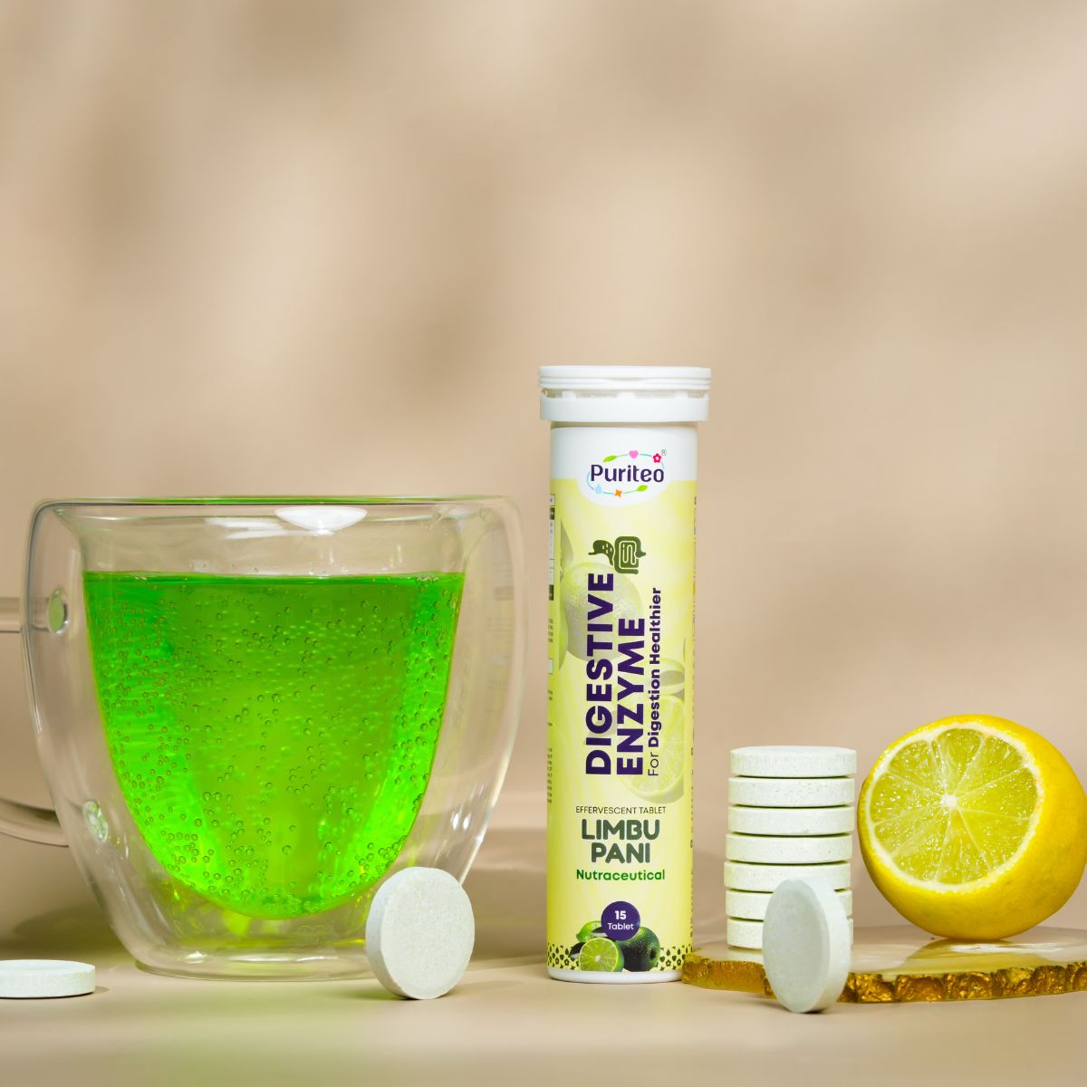 Digestive Enzyme Effervescent – Holy Basil & Green Lemon | 30 Tabs | Digestion & Gut Health Support