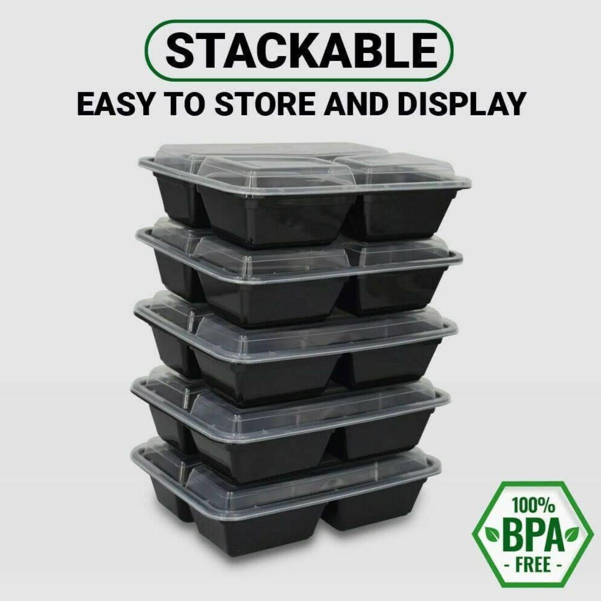 Pack of 150 Black 3-Compartment Square Food Containers with Clear Lids.