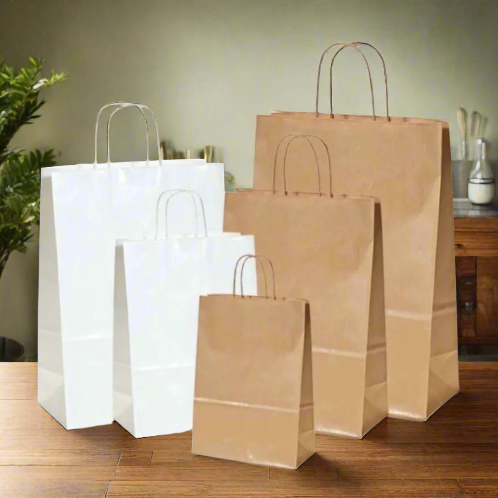 Pack of 250 Kraft Paper Bags with Twisted Handles – Brown & White – Small, Medium, Large, XL
