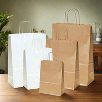 Pack of 250 Kraft Paper Bags with Twisted Handles – Brown & White – Small, Medium, Large, XL