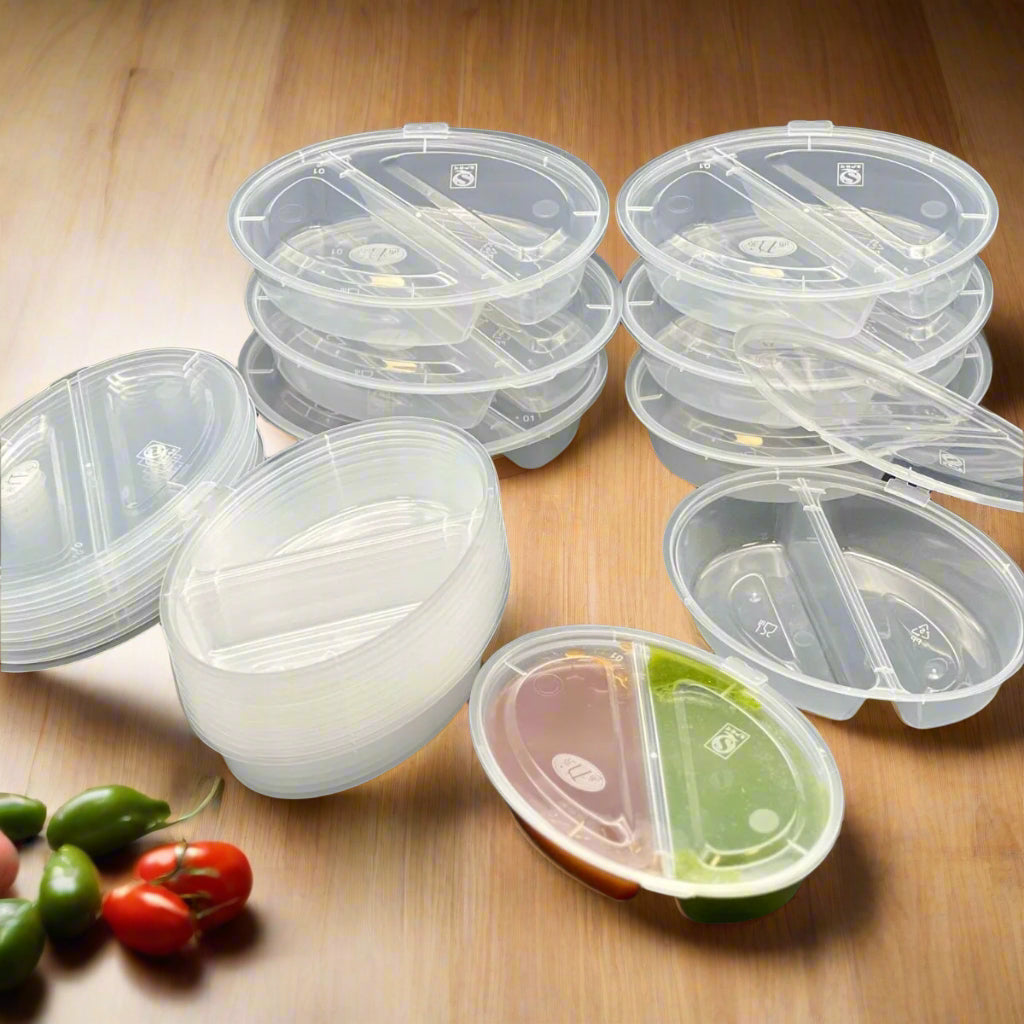 Pack of 1000 - 2 Compartment Round Sauce Containers with Hinged Lids 90ml (3oz).