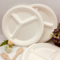 500 Pack 10" Size Bagasse 3 Compartment Disposable Biodegradable Plates
