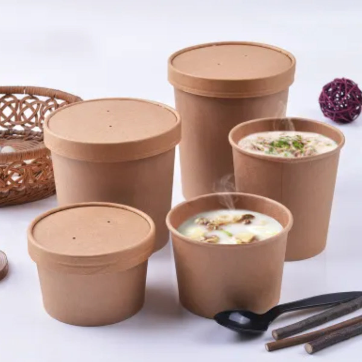 Pack of 250 Brown Kraft Soup Containers with Lids Size 8oz/ 12oz/ 16oz/ 26oz and 32oz.