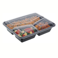 Pack of 150 Black 3-Compartment Square Food Containers with Clear Lids.