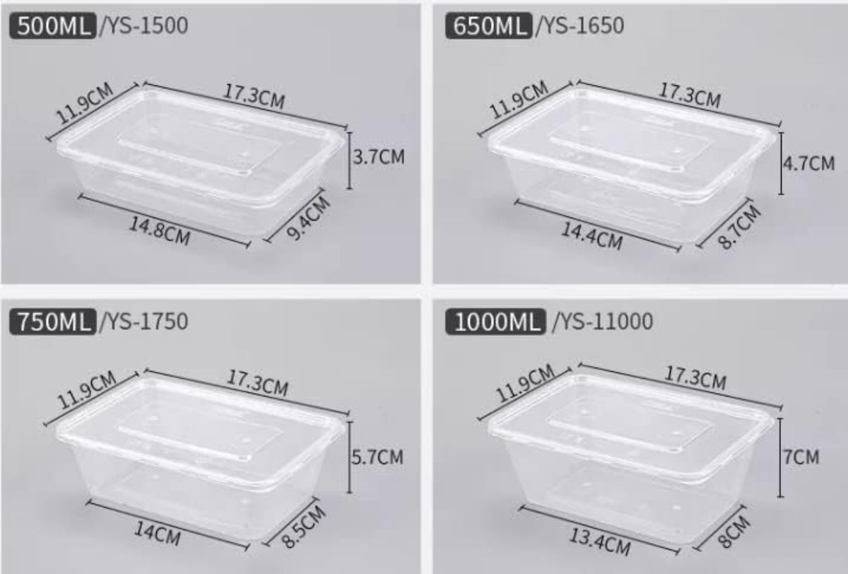 Pack of 250 Clear Plastic Rectangular Containers with Lids Size: 500/650/750/1000 ML.