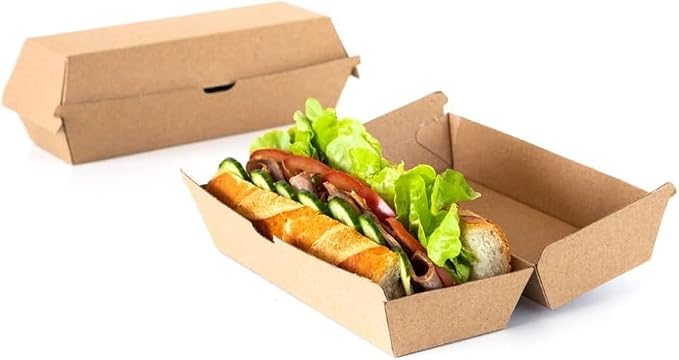 Pack of 200 Takeaway Hot dog Boxes with Closable Lid (21 x 7 x 7.5cm Size) Plastic Free Disposable Food Box Fully Compostable and Recyclable