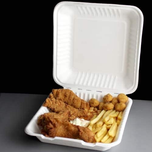 200 Pack Bagasse Meal Box, 9 x 9 inch, Single Compartments (1-CP), Biodegradable Clamshell Containers