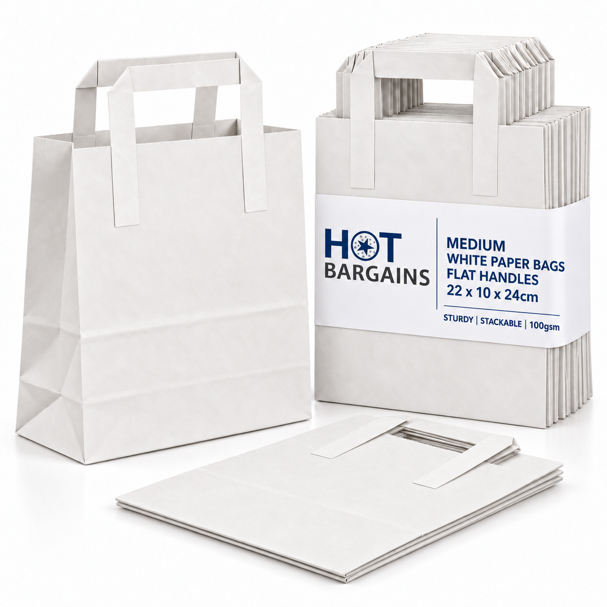 Hot Bargains — 250 X White Flat Handle Paper Bag - Medium