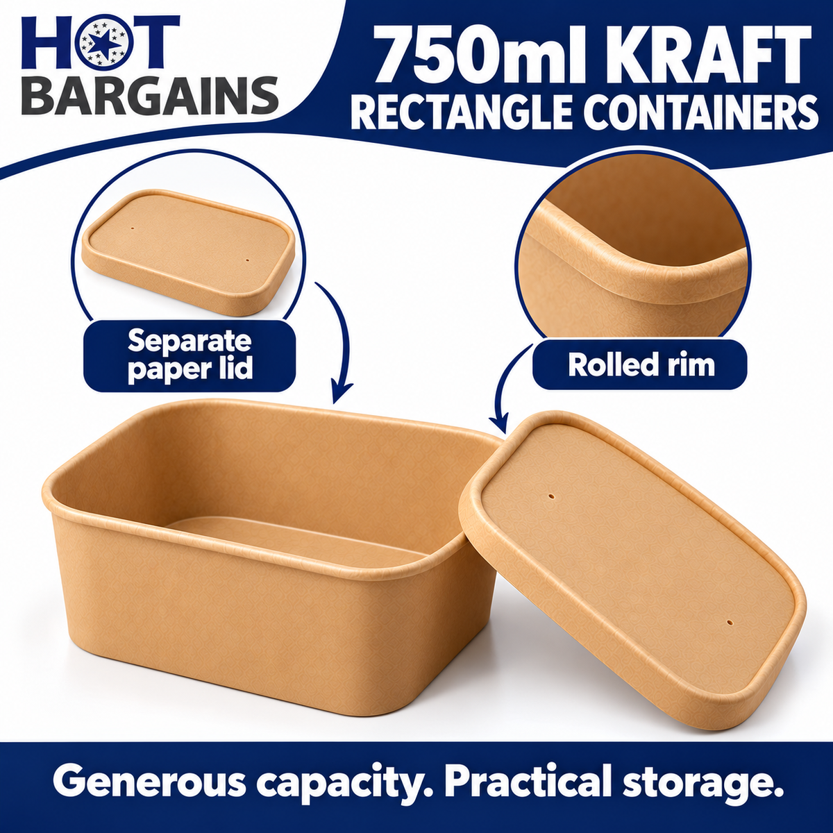 Hot Bargains — 150 x 750ml Kraft Rectangular Container + Paper Lids — photo 2