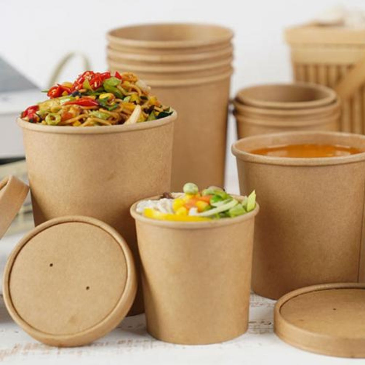 Pack of 250 Brown Kraft Soup Containers with Lids Size 8oz/ 12oz/ 16oz/ 26oz and 32oz.