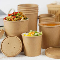 Pack of 250 Brown Kraft Soup Containers with Lids Size 8oz/ 12oz/ 16oz/ 26oz and 32oz.