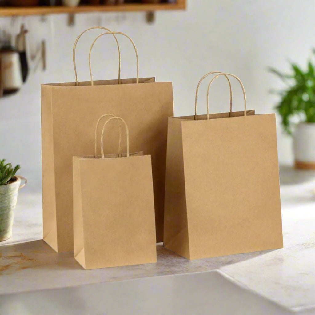 Pack of 250 Kraft Paper Bags with Twisted Handles – Brown & White – Small, Medium, Large, XL