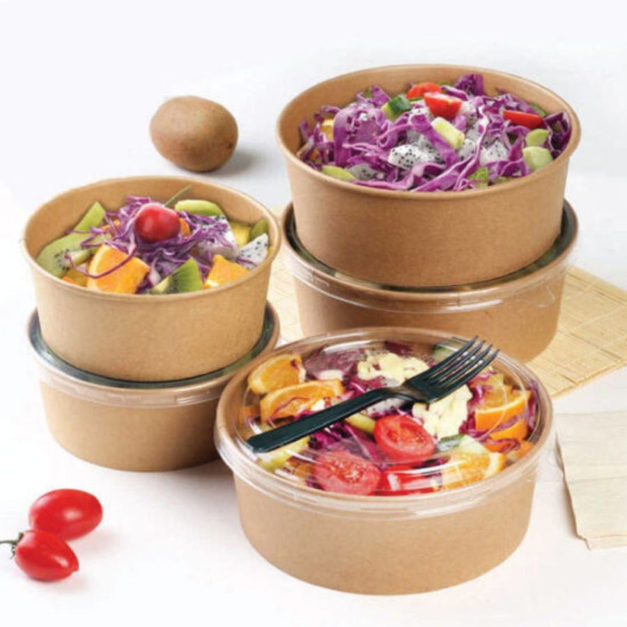 Pack of 300 Kraft Salad Bowls with Lids Size 18oz/26oz/35oz (500/750/1000ML)
