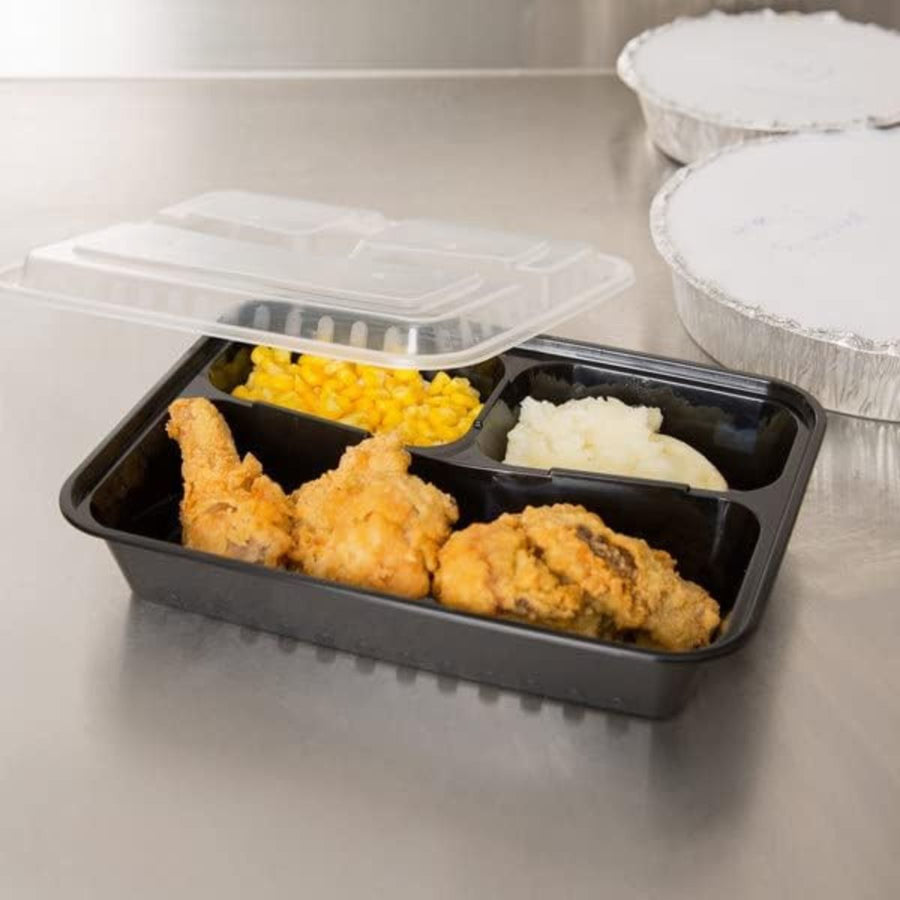 Pack of 150 Black 3-Compartment Square Food Containers with Clear Lids.