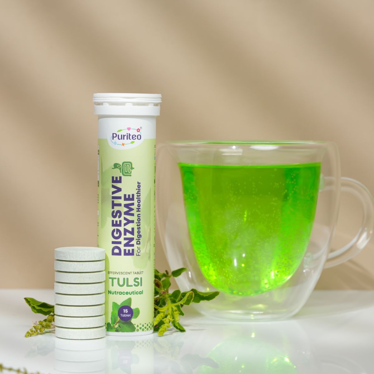 Digestive Enzyme Effervescent – Holy Basil & Green Lemon | 30 Tabs | Digestion & Gut Health Support