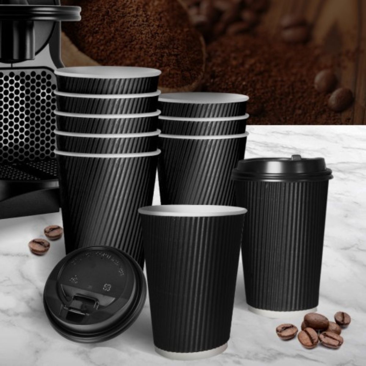 Pack of 500 Triple Wall Black Kraft Coffee Cups Size 8oz, 12oz & 16oz.