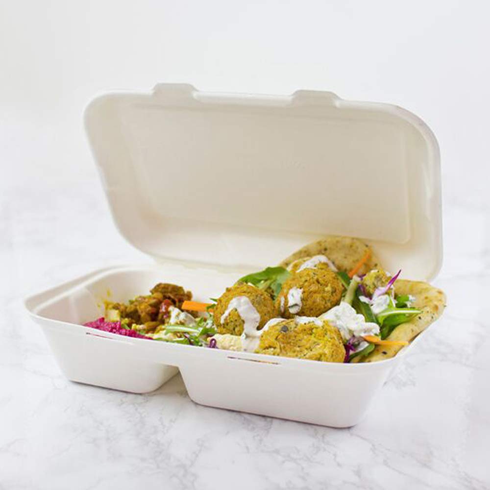 Pack of 250 Bagasse Takeaway Container 9.8 x 6 inch Two - Compartment Food Box, Biodegradable Meal Box