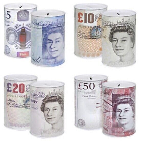 HOT BARGAINS 2 X Sterling Money Tin 16cm X 12cm Piggy Bank Savings Money Tin, Cash & Coin Tin with Assorted Colour (Pack of 2)
