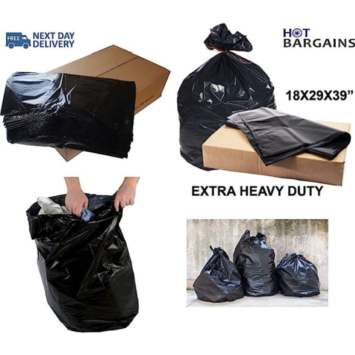 Pack of 200 Black Refuse Sacks Heavy Duty Rubbish Bin Bags Size 18" x 29" x 39''
