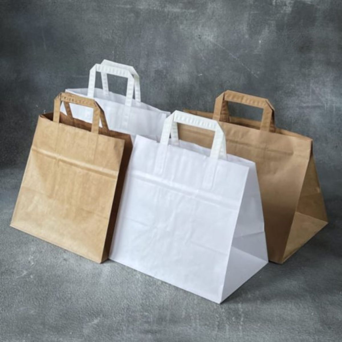 Pack of 250 Kraft Paper Bags with Flat Handles  Brown & White Colors Sizes : Small, Medium, Large, XL